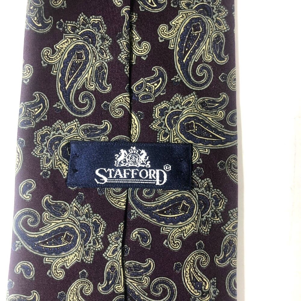 STAFFORD 100% Silk Paisley Tie Burgundy Maroon Navy Gold Handmade - Picture 6 of 8